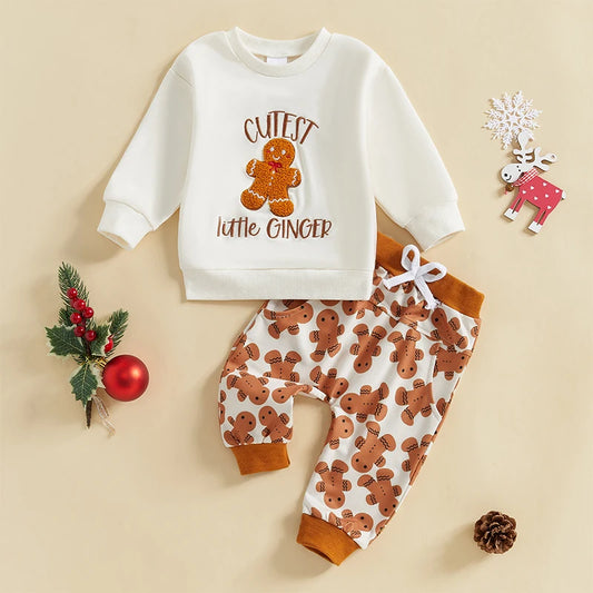 Boy's & Girl's 2-Piece Christmas Embroidered "Cutest Little Ginger" Holiday Sweatshirt & Pants Sets