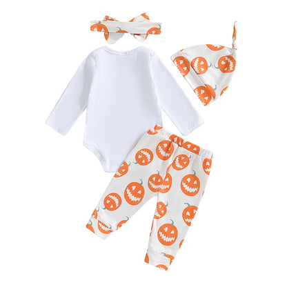 4-Piece Halloween Outfits! Girl’s Long Sleeve Pumpkin Onesie, Pants, Headband & Hat Sets