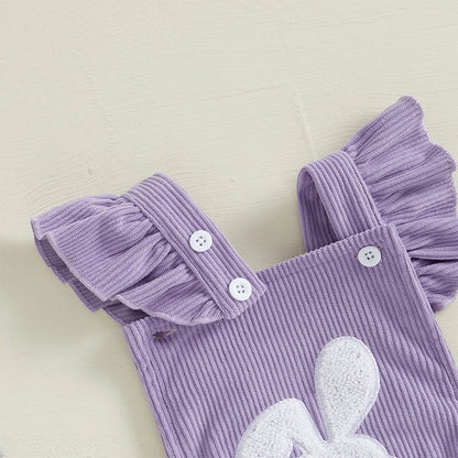 Girl's Fly Sleeve Embroidered Easter Bunny Romper & Headband Sets