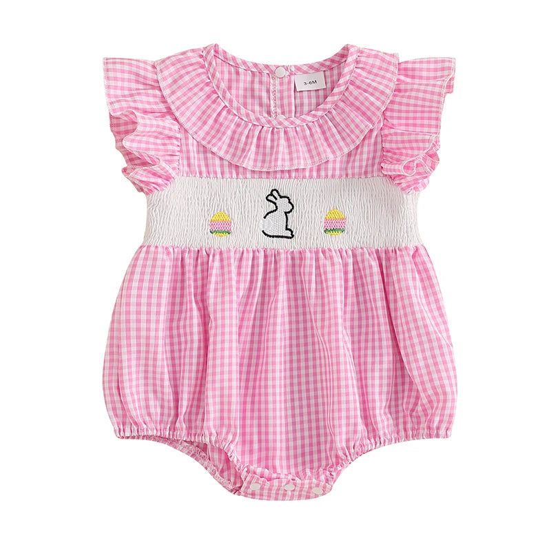 Girl's Embroidered Easter Bunny Plaid Ruffled Rompers