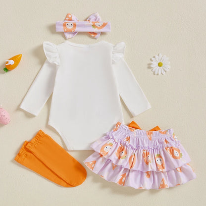 Girl's 4-Piece First Easter, Bunny Onesies, Bow Headband, Skirt & Socks Sets