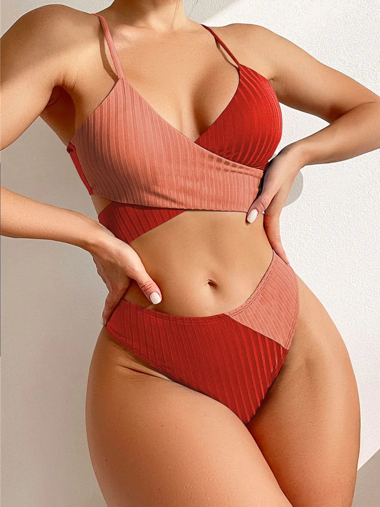 Patchwork Bikini Cross Wrap SwimwearRibbed Swimsuit Female Back Tied Solid Biquinis Bathing Suits