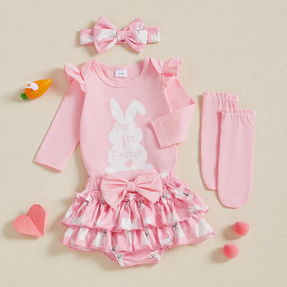 Girl's 4-Piece First Easter, Bunny Onesies, Bow Headband, Skirt & Socks Sets