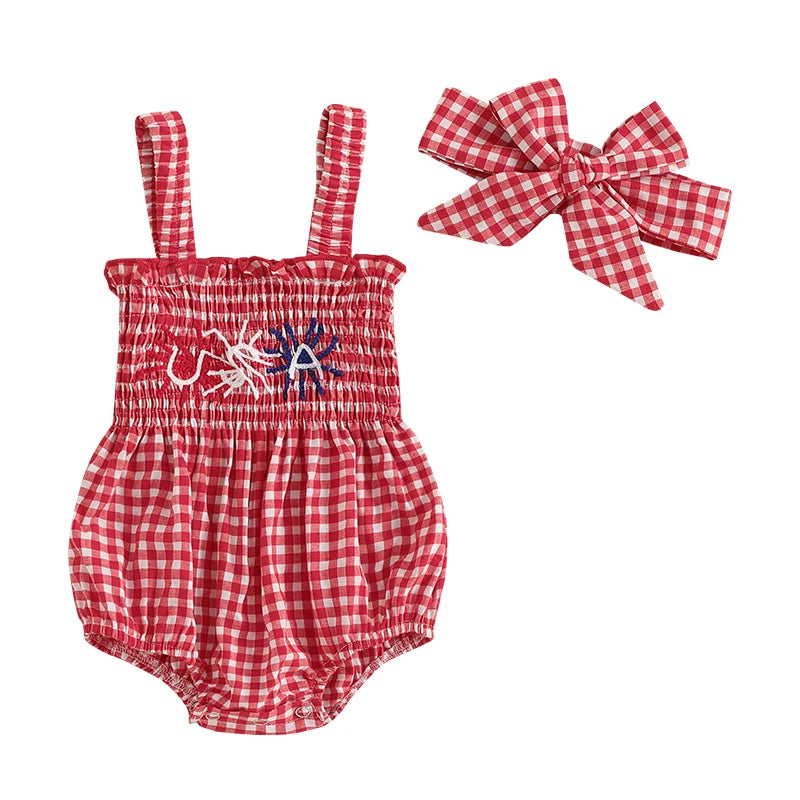 Girl's 2-Piece Embroidered July 4th Rompers & Bow Head Band Sets