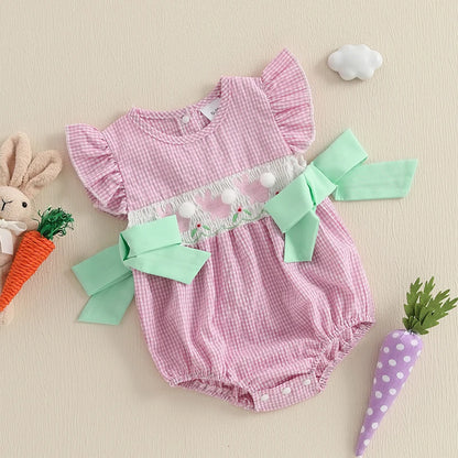 Girl's Fuzzy Bunny Tail Embroidered Solid & Plaid Easter Bow Rompers