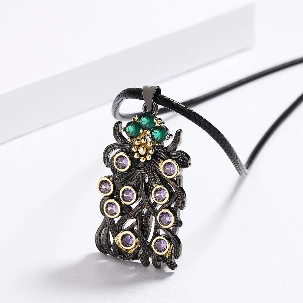 Purple Zircon Pendant Black & Gold Style Flower d Crystal Necklace