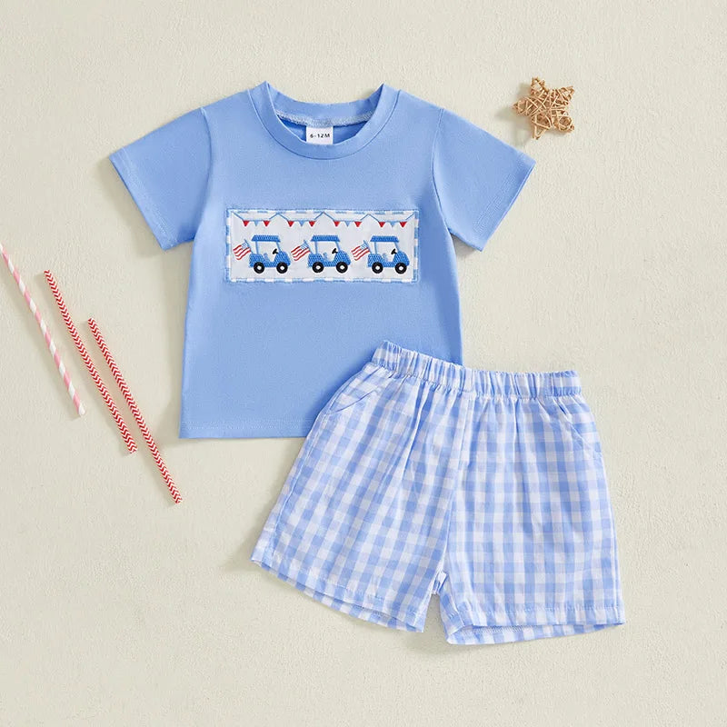 Boy's 2-Piece Embroidered Golf Cart 4th of July T-Shirts & Plaid Shorts Sets