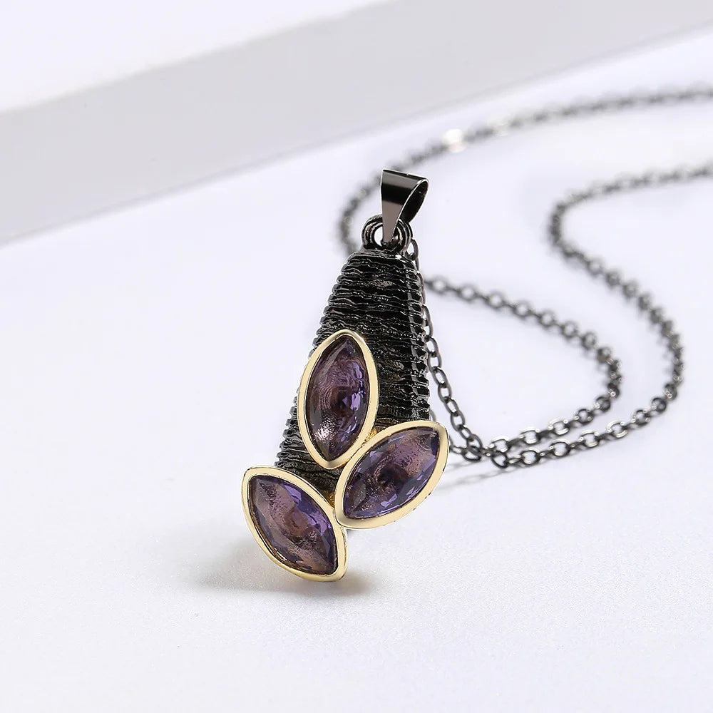 Necklace Purple Zircon Pendant Amethyst Black & Gold Style