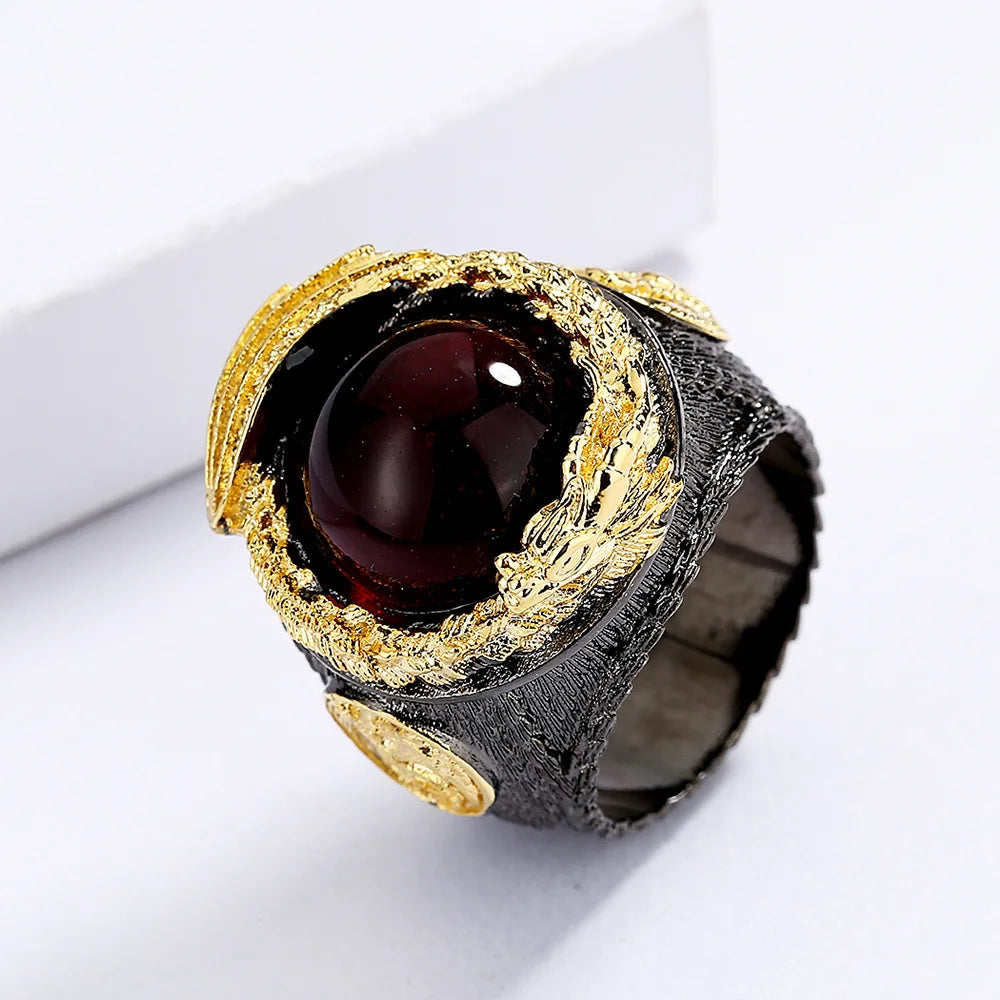 Men's Red Zircon Black & Gold Style Dragon Rings