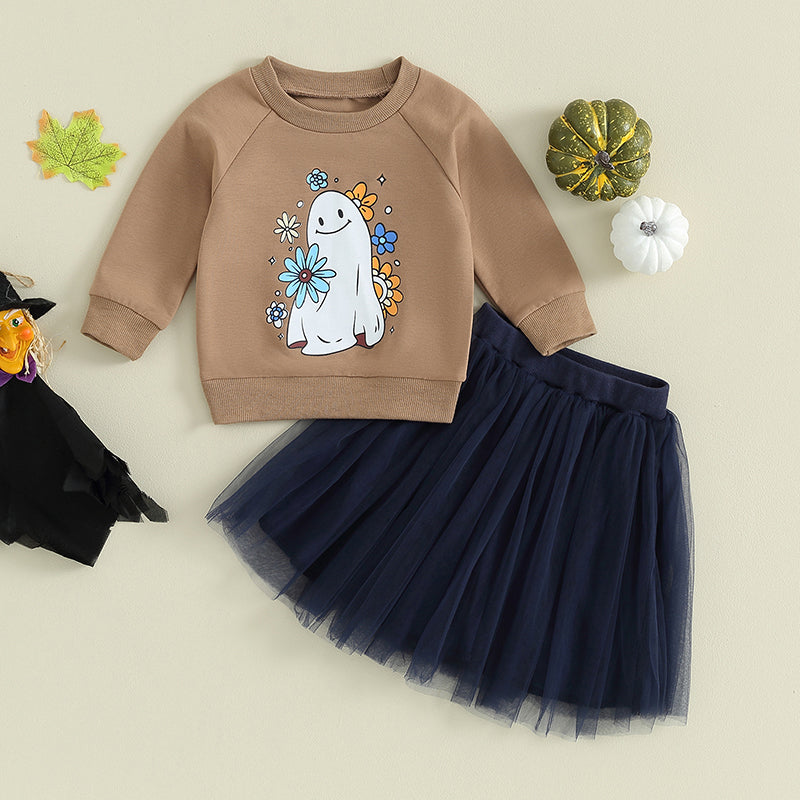 2-Piece Halloween Outfits! Girl’s Long Sleeve Ghost Flower Sweatshirt Romper & Skirt Sets