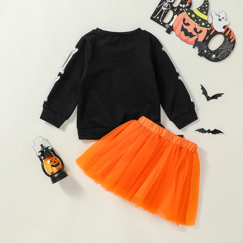 2-Piece Halloween Outfits! Girl’s Long Sleeve Skeleton Sweatshirt Romper & Skirt Sets