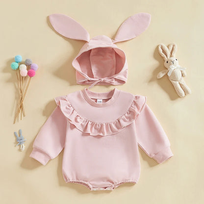 Girl's Ruffled Easter Bunny Tail Onesie & Bunny Ear Hat Sets