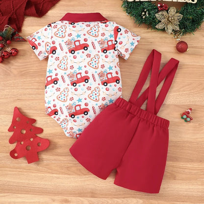 2-Piece Christmas Outfits! Boy’s Short Sleeve Onesies, Shorts, Bib Overalls & Bow-Tie Sets