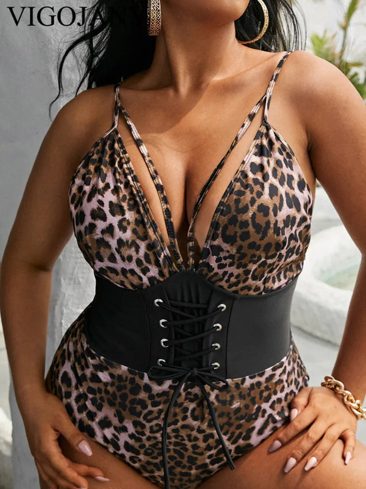 Hollow Leopard One Piece Plus Swimsuit