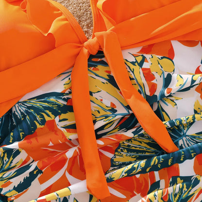 Family Matching! Orange Tropical Ruffled One Piece Swimwear & Trunks