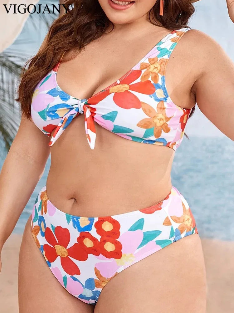 Print Strapped 2 Piece Plus BikiniPush Up High Waist Swimsuit Backless Bathing Suit