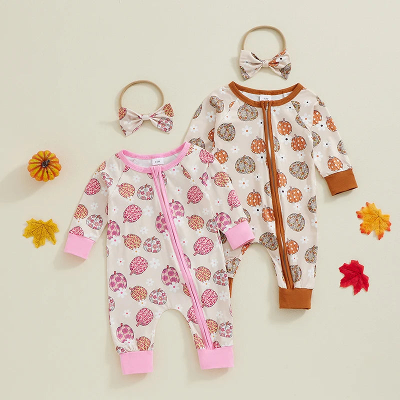 2-Piece Halloween Outfits! Girl’s Long Sleeve Pumpkin, Flower, Onesies & Headband Sets