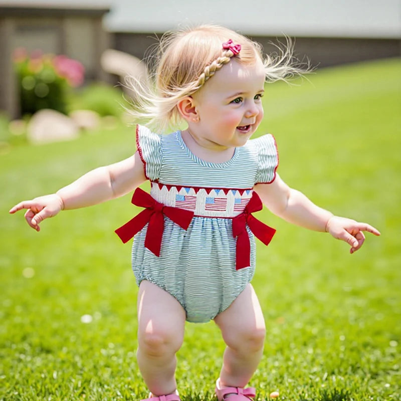 Girl's Embroidered 4th of July Doll Collar Bowed Rompers