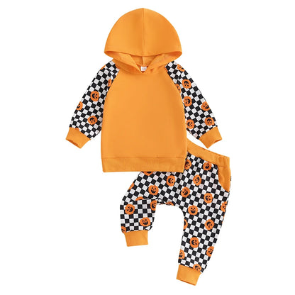 2-Piece Halloween Outfits! Boy’s Long Sleeve Ghost Pumpkin Hooded Sweatshirts & Pants Sets