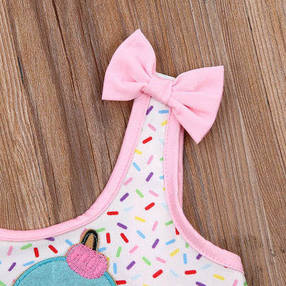 Toddler Baby Girls Sweet Ruffles Swimsuit Bow Ice Cream Print Hollow Suspender Swimsuit Bodysuit Clothes