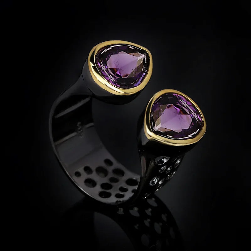 Vintage Purple Zircon Adjustable Black & Gold Style Ring