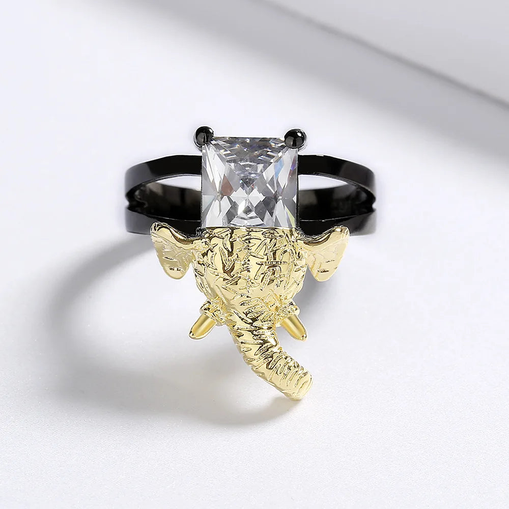 Men's Imperial Elephant Black & Gold Style Zircon Rings