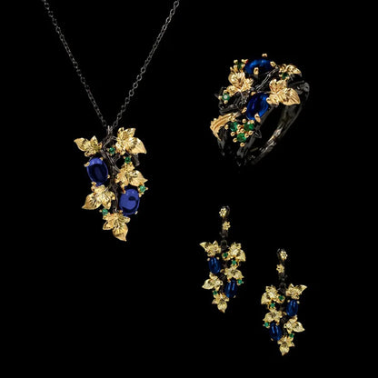 Floral Agate, Zircon Black & Gold Style Rings, Necklace & Earrings Sets