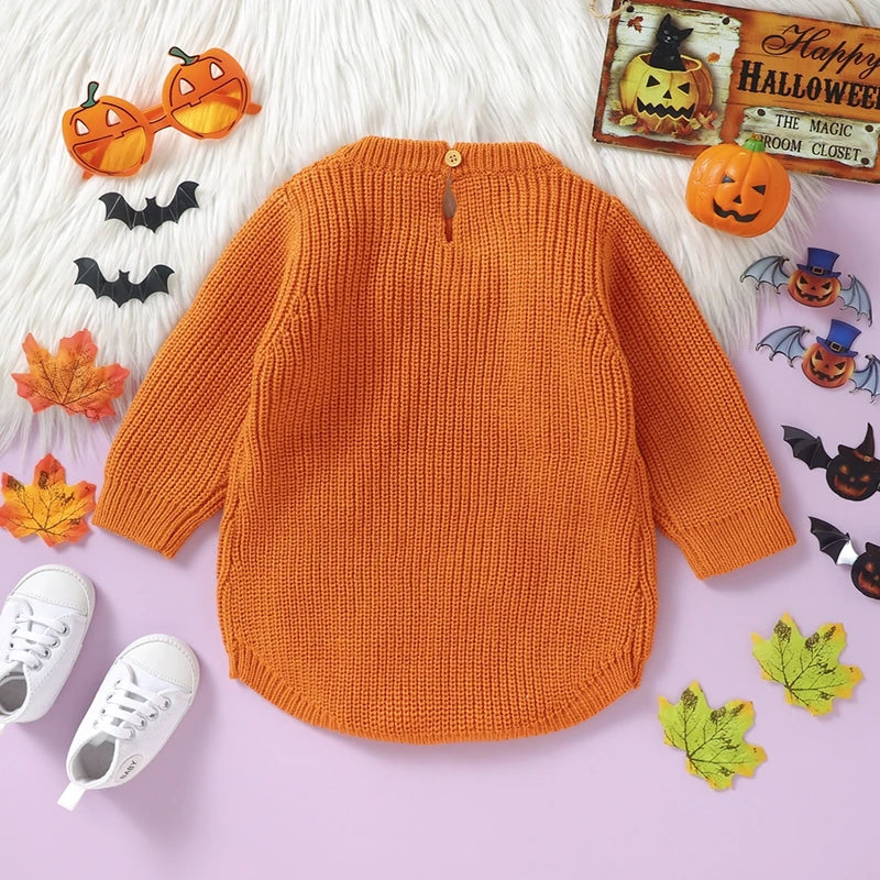 Halloween Outfits! Girl's & Boy's Embroidered Pumpkin Knit Sweater Onesie