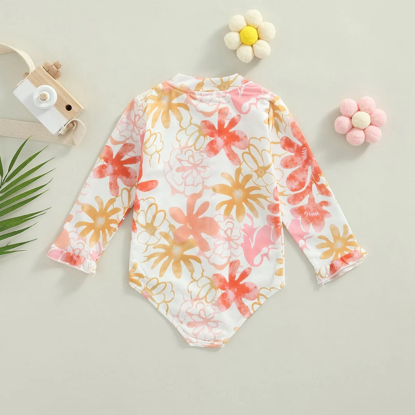 Kids Girls Long Sleeve Swimsuit Flower Printing Zipper Swimwear Bodysuit Clothes