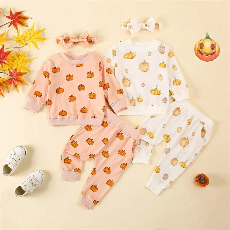 3-Piece Halloween Outfits! Girl’s Long Sleeve Pumpkin Sweatshirt, Pants & Headband Sets