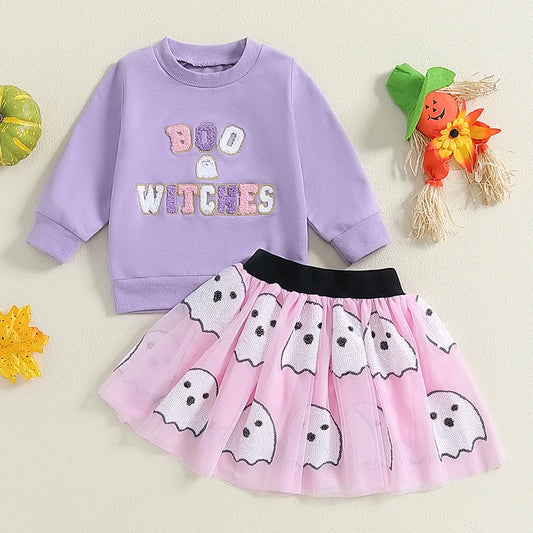 Girl's Halloween 2-Piece Embroidered "Boo Witches" Ghost Sweatshirts & Tulle Skirts Sets