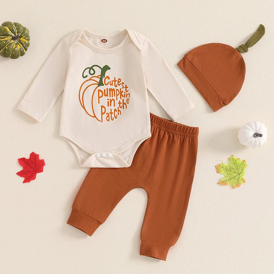 Boy's & Girl's "Cutest Pumpkin in the Patch" 3-Piece Halloween Outfit Sets with Romper, Pants, and Hat