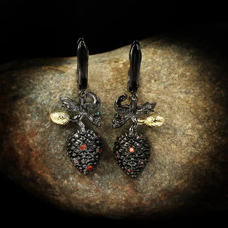 3-piece Black & Gold Style Pinecone Zircon Rings, Necklace & Earrings Sets