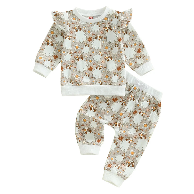 2-Piece Halloween Outfits! Girl’s Long Sleeve Ghost, Flower Sweatshirt & Pants Sets