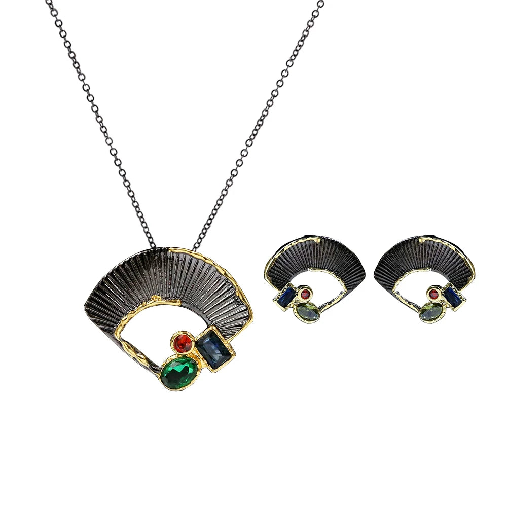 2-Piece Gemstone Fan Earrings & Necklace Sets