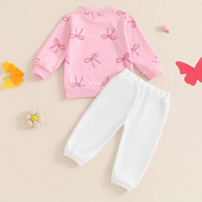 2-Piece Outfits! Girl's Pink Bow Sweatshirt & Pants Sets