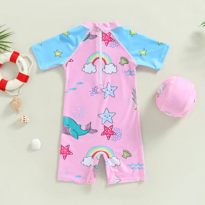 Kids Toddler Girls Swimwear Sets Short Sleeve O Neck Cartoon Animal Print Bathing Suit Hat Romper Clothes