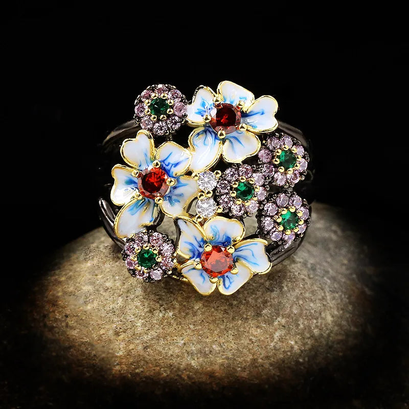 Gorgeous Black & Gold Style Rings Flower Rings Zircon Enamel Flower Ring