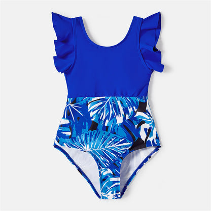 Family Matching! Plant Swim Trunks and Blue Ruffle Trim Spliced One Piece Swimsuit