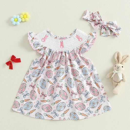 Girl's 2-Piece Rabbit/Easter Egg Fly Sleeve Dresses & Headband Sets