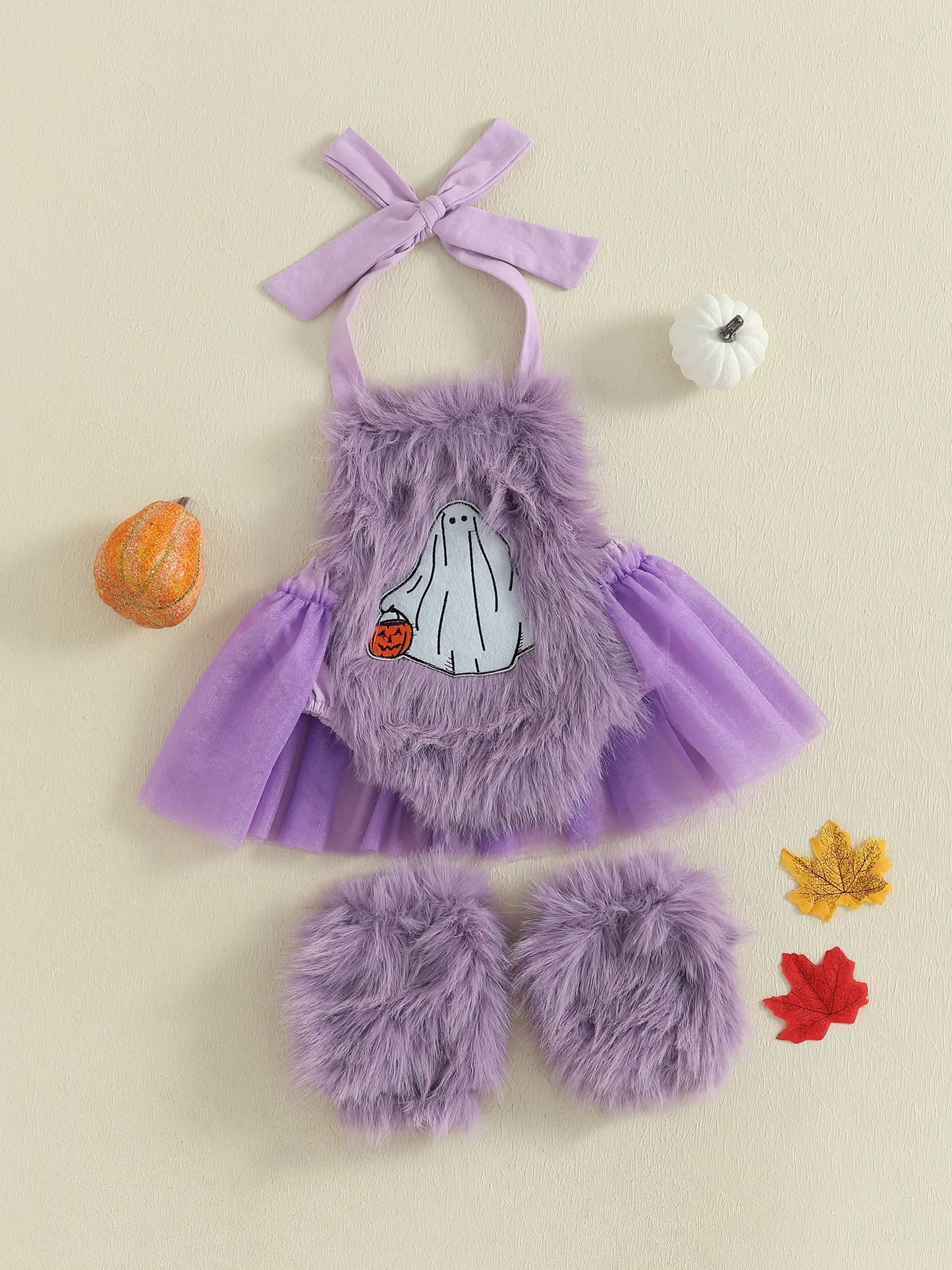 2-Piece Baby Girl's Furry Ghost Embroidered Halloween Halter Dresses with Leg Warmers