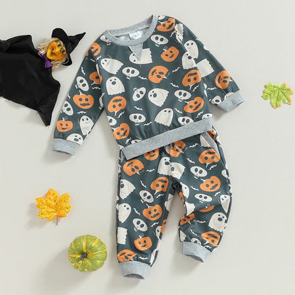 2-Piece Halloween Outfits! Boy's Ghost Pumpkin Fall Sweatshirt & Pants Sets