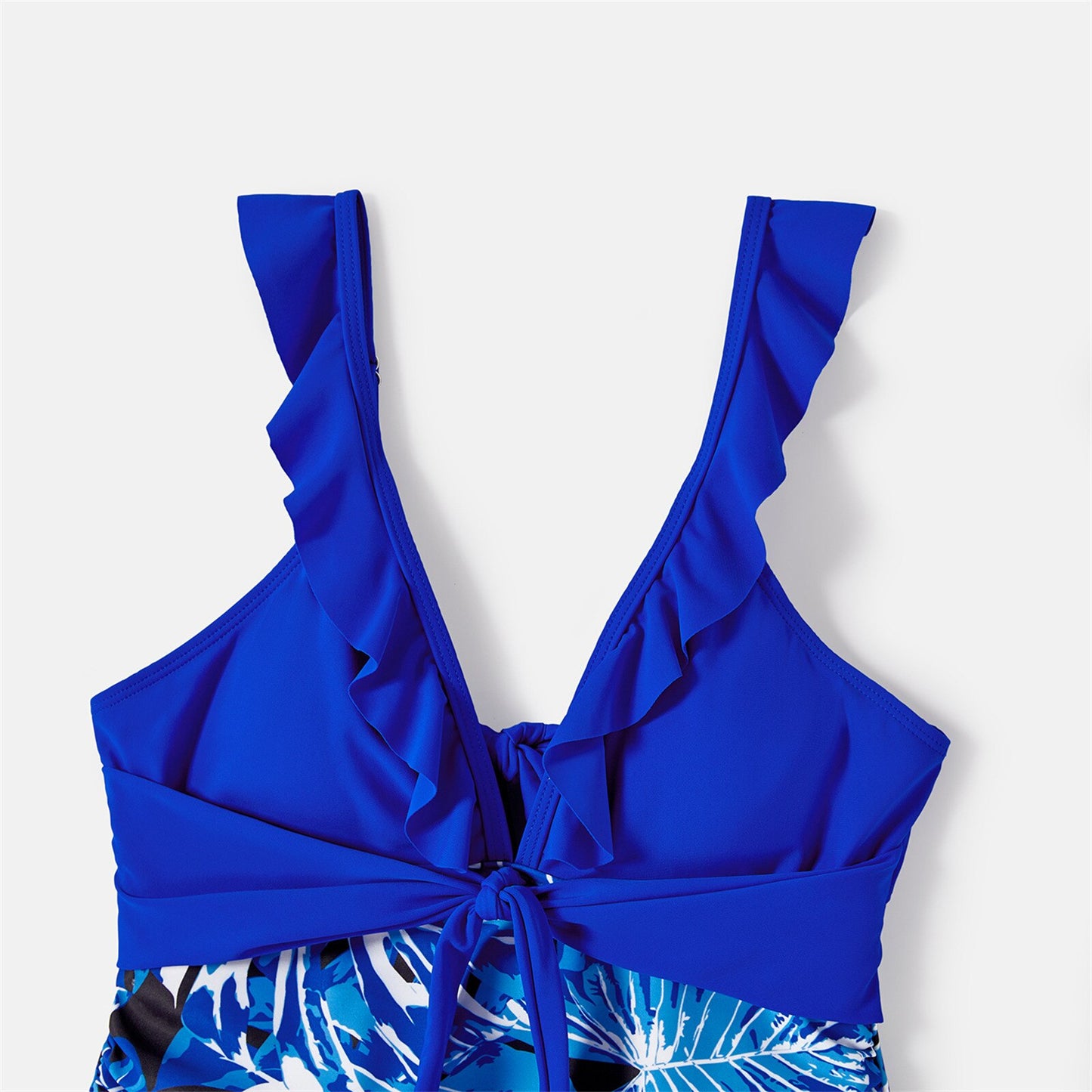 Family Matching! Plant Swim Trunks and Blue Ruffle Trim Spliced One Piece Swimsuit