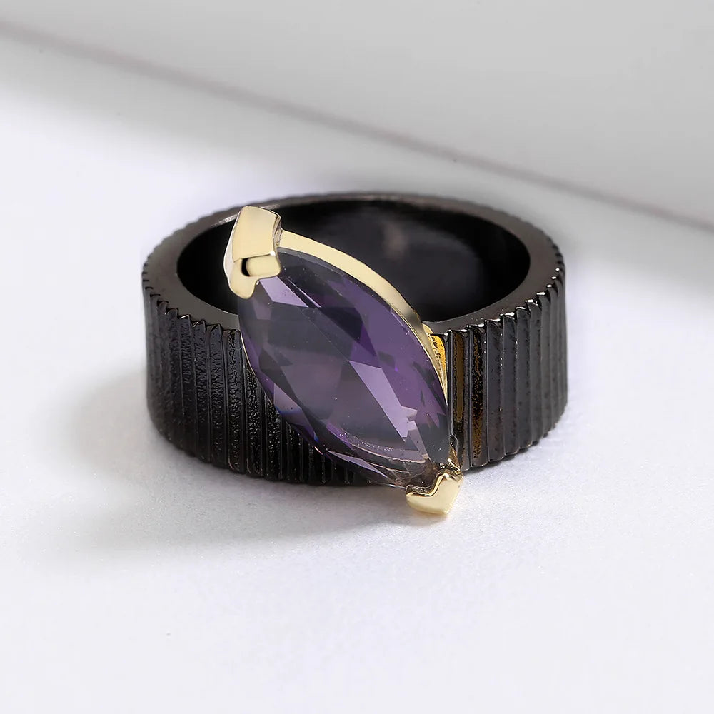 Men's Vintage Purple Zircon Geometric Black & Gold Style Rings