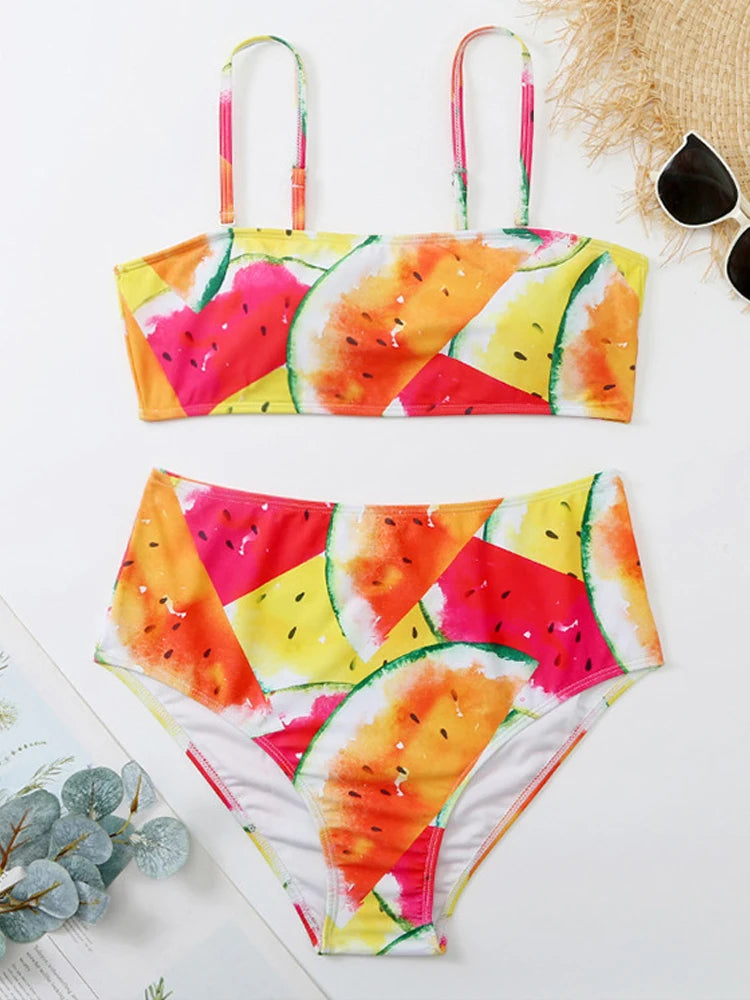 Print Strapped 2 Piece Plus Bikini SetHigh Waist Push Up Swimsuit Summer Bathing Suit