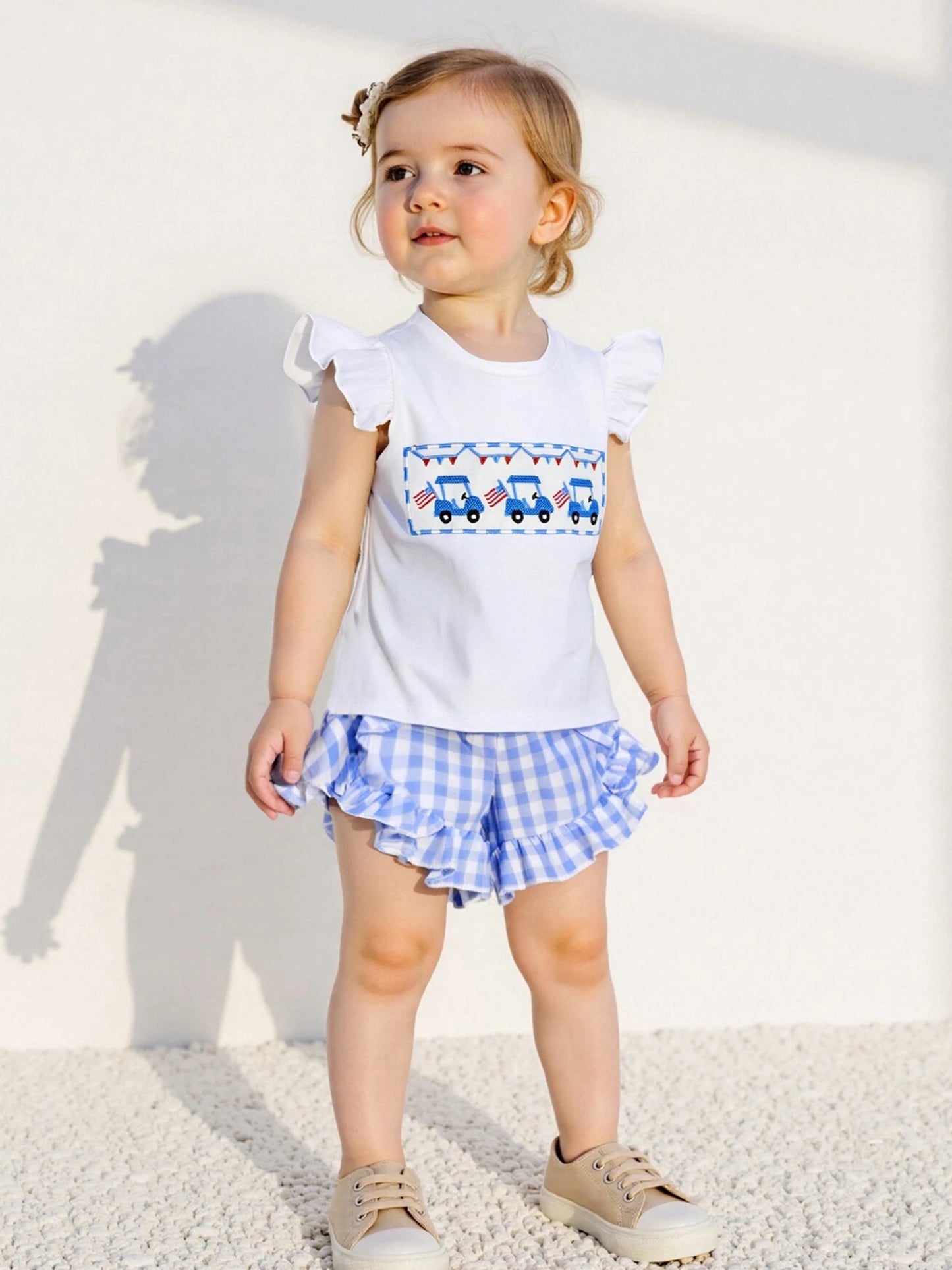 Girl's 2-Piece Embroidered 4th of July Fly Sleeve Golf Cart Top & Ruffled Plaid Shorts Sets