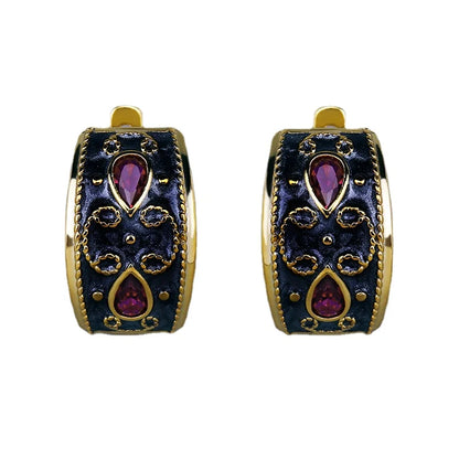 2-Piece Vintage Ruby-Zircon Black & Gold Style Ring & Earrings Sets