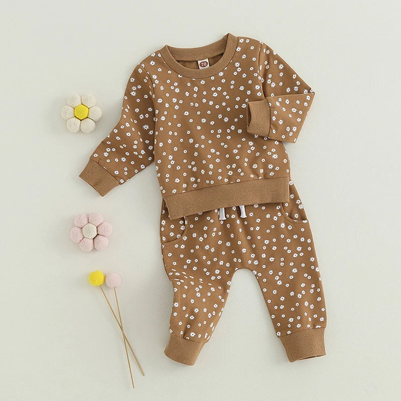 2-Piece Fall Outfits! Girl’s Long Sleeve Flower Sweatshirt & Pants Sets