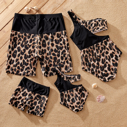 Family Matching! Leopard Panel Cut Out Waist One-Shoulder One Piece Swimsuit or Swim Trunks Shorts