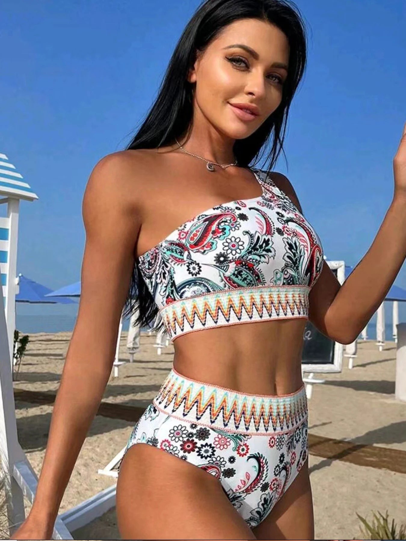 Single Shoulder Print Bikini Set High Whist Push Up Swimsuit ForSummer 2 Piece Swimwear Bathing Suit